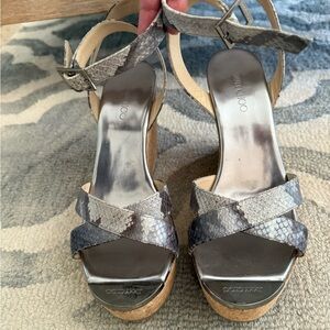 Jimmy Choo Silver and Gray Snakeskin Wedges
